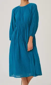 Sundry Anthropologie Tiered Midi Dress 100% Cotton Striped Teal Blue Size 4 (XL)