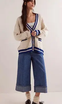 Free People We The Free Varsity Cardi Oversized Ecru/Blue Size Medium NWT