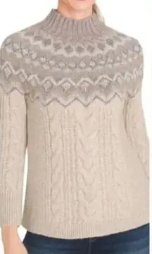 NEW Chico's Cable Yarn Wool Blend‎ Fair Isle Tan Sweater, LP