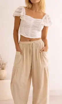 NWT Free People Cream Linen Wide Leg Drawstring Pants Size L Boho Beach Resort