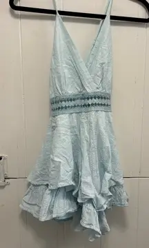 Simplee Light Blue Sleeveless Romper with Lace Detail