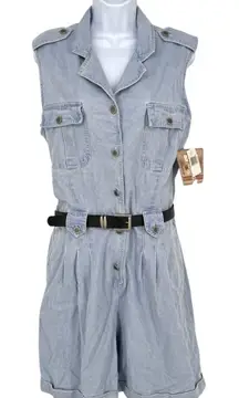 Bill Blass Vintage Blue Denim Pleated Romper Aqua Snow Size Large NWT