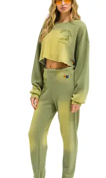 Aviator Nation Venice Surfer Set Crop Crewneck Sweatshirt  Sweatpants Faded Army