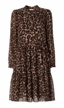 J.Crew Leopard Animal Print Ruffle Neck Mini Dress Long Sleeve Size Small S
