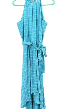 Calvin Klein size 2 blue plaid sleeveless dress wrap style gingham tie waist‎