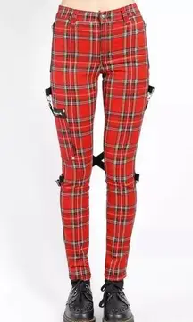 TRIPP NYC red black plaid Punk Goth Pants With Straps Size 26 Skinny Zippers y2k