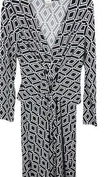 Cache Small Dress Black White Diamond Print Knee Length Belted Long Sleeve 207