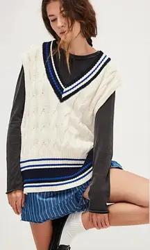 Free People Coastal Prep Poncho Vest - Navy Blue/Ivory OS NWOT‎