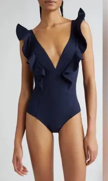 Ulla Johnson Evelina Ruffle Plunge One-Piece Swimsuit, Navy, Size Large, $380