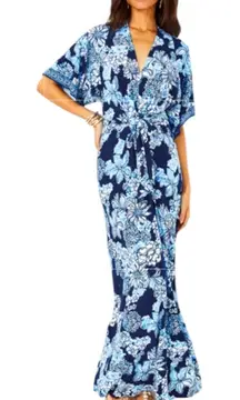 Lilly Pulitzer Wisteria Elbow Sleeve V-Neck Maxi Dress Low Tide Navy Size 6 NWT