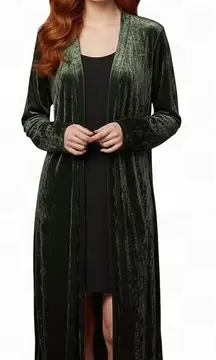 Pyramid Collection. Crushed velvet open front long duster. Olive Green. Large