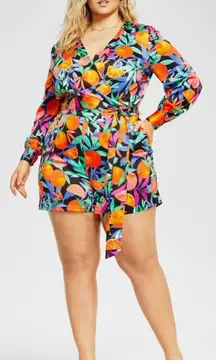 Nina Parker Oranges/ Blue floral Long Sleeve Satin Romper removable belt size 3X