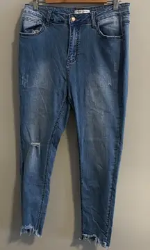 Distressed Medium Wash Frayed Hem Women's Jeans