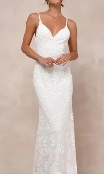 Lulus Everlasting Passion White Sequin Beaded Backless Maxi Dress Size M