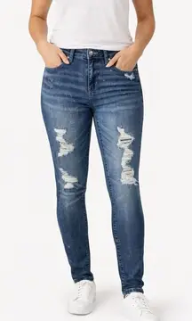 Judy Blue Mid Rise Tummy Control Destroyed Bleach Splatter Skinny Jeans Size 9