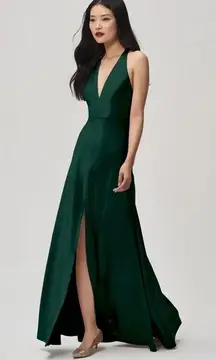 Jenny Yoo Corinne Sleeveless Halter Satin Crepe Maxi Gown Dress Slit Green 6