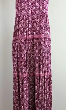 Max‎ Studio Floral Tiered Boho Burgundy Maxi Dress High Neck Pockets Size Medium