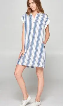 NWOT Striped Dress Sheath Shift Collared V-Neck Pockets Lined White Blue M