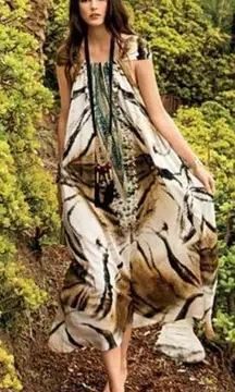 Camilla  Bengal Tiger Print Sphynx Beaded 100% Silk Sleeveless Maxi Dress SIze 2