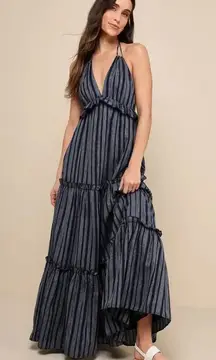 NWT Lulus Women's Medium Halter Maxi Dress Small‎ Blue Striped Summer Casual