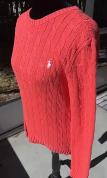 Polo Ralph Lauren Sz M Bright Coral Orange Crew Neck  Cable Knit Preppy Academia