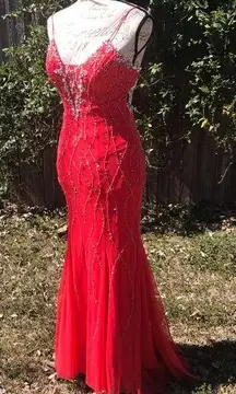 David's Bridal Coral Beaded Backless Mermaid  Prom