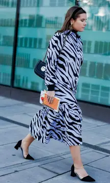 Zara Womens Dress Sz M Powder Blue Black Zebra‎ Animal Print Shirt Long