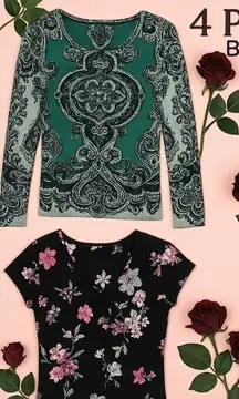 Y2K BUNDLE 4 GRAPHIC ALL OVER PRINT‎ TOP BLOUSES SMALL EUC/NWT