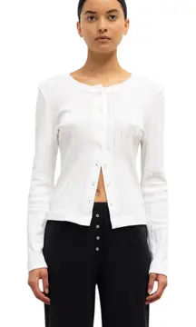 LESET Pointelle Classic Crew Cardigan Knit ribbed Cardigan White Cotton Size M