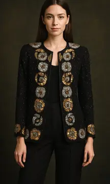 VTG Sweelo Womens Silk Jacket Black L Sequin Glam