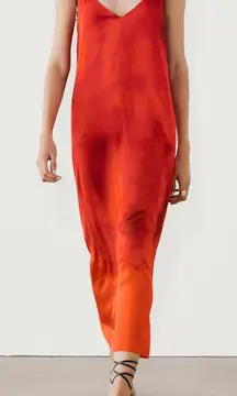 NWT‎ Massimo Dutti Ombre Print Flowing Midi Dress V-Neck & Back In Red Large
