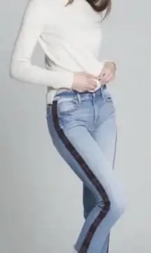 Driftwood Colette Straight Crop Jeans Frayed Hem Plaid Side Track Stripe SZ 26