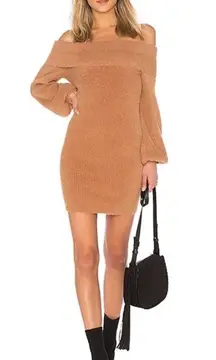 Tularosa Revolve Gramercy Off the Shoulder Sweater Dress in Camel