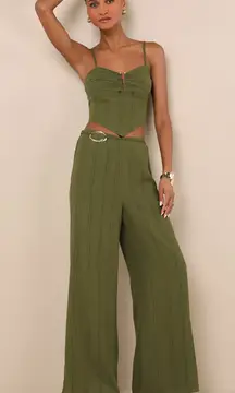 NEW Lulus Kotryna Green Striped O-ring Belted Wide-leg Pants & Crop Top Set Sz S