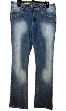 Angels Y2K Straight Leg Denim Blue Jeans Mid Rise 12 Stretch Embroidered Pockets