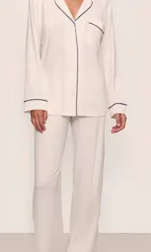 New Eberjey Gisele TENCEL Modal Long PJ Set, White and Navy Size Medium