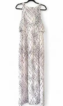 Custom White & Black Abstract Print Maxi Dress – Size XS – Layered Top & Drawstring Waist