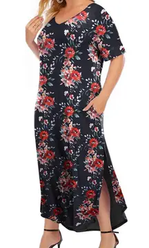 Maxi Short Sleeve Casual Loose Floral Print Split Long Dress with Pockets XL