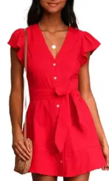 Lulus  Daytime Dreamer Red Button-Up Mini Dress Flutter Sleeve Women's Small