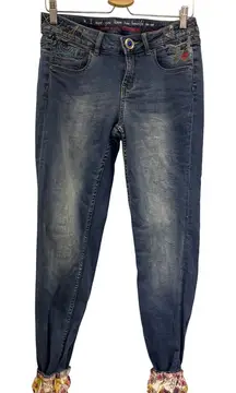 Desigual Jeans Women's Puffy Cuff Hem Dark Wash Floral Size 30‎