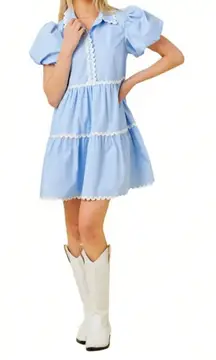 Mainstrip Puffed Sleeve Ric Rac Trimmed Solid Mini Dress‎ Blue Size Large