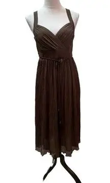 White House Black Market Brown Pleated With Braided Bel  Midi Sundress Size 6