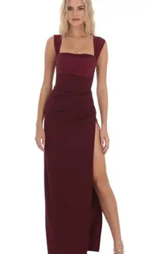 Lucy In the Sky Mesh Draped Corset Maxi Dress in Burgundy