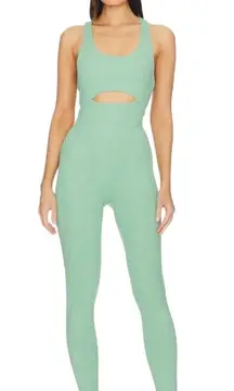 New Gigi C Krizia Sage Green Micro Rib Cutout Tied Jumpsuit Catsuit S