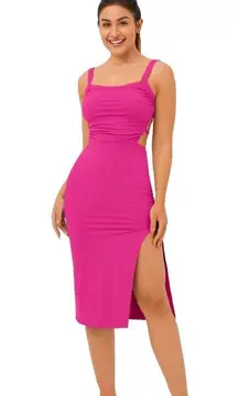 Halara Ruched Crisscross Lace Up Split Bodycon Dress -Fuchsia Fedora- size S