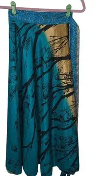 Wevez Blue Gold Double Wrap Skirt Sari L OS Silk Reversible India Midi Maxi Long