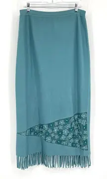 Teri Jon Rickie Freeman Long Wool Skirt Fringe Floral Appliqué Beaded Size XL