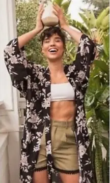 Spiritual Gangster‎ Kimono Top OS Black Floral Rayon Tie Front Boho Wrap