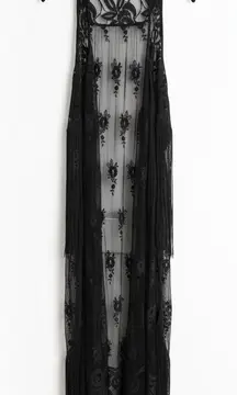 YOU ARE NOT ALONE Black Lace Fringe Maxi Kimono Vest Duster Boho