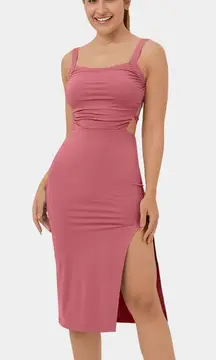09H3.- Ruched Backless Crisscross Lace Up Split Bodycon Midi Casual Dress.
